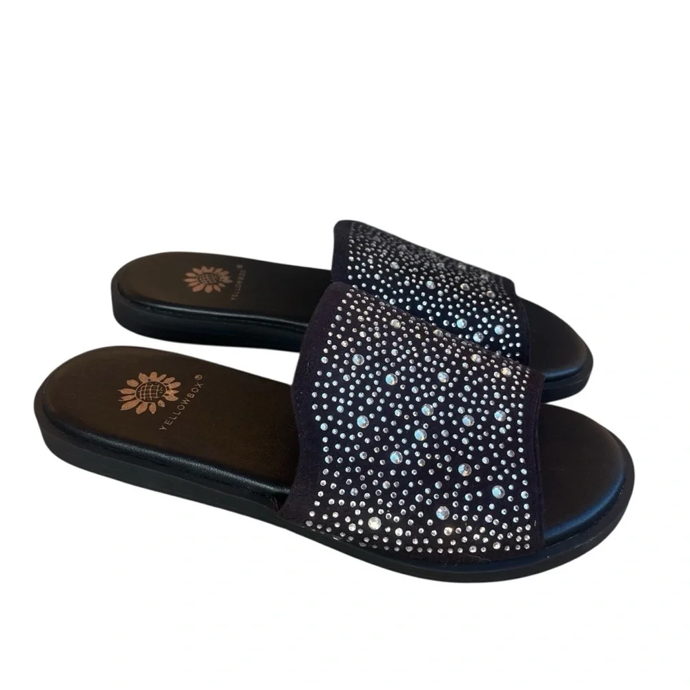 Yellow Box Louie Rhinestone Embellished Black Slide Sandals Size 6 - Picture 3 of 8